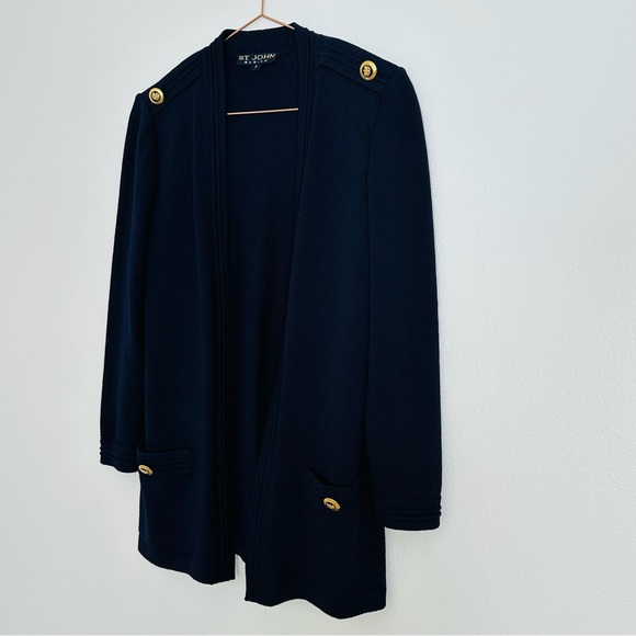 St John Open Front Cardigan Sweater Navy Knit Gold Buttons - Picture 6 of 10